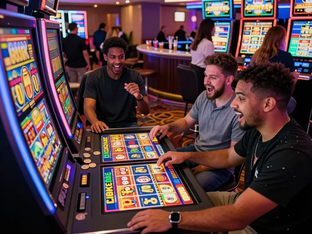 Excited players surrounding a Lucky 88 slot machine in a lively casino atmosphere, showcasing the thrill of gaming