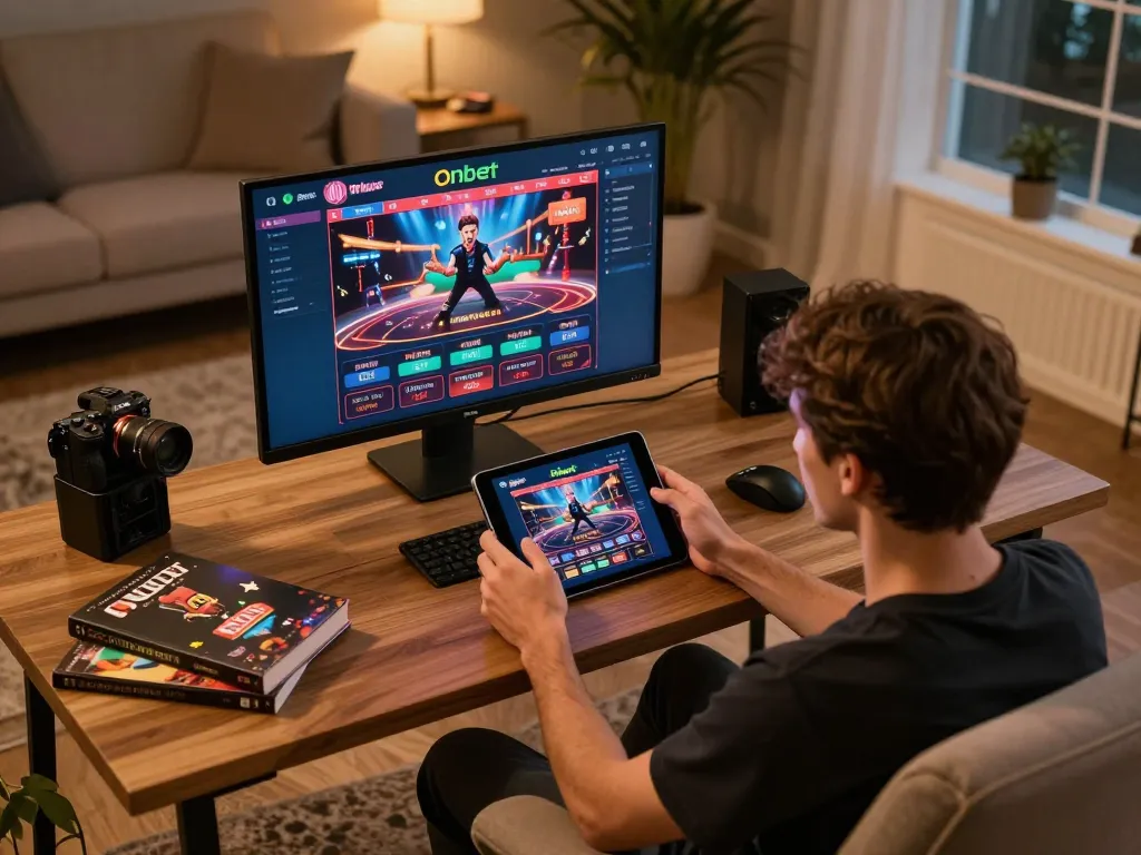 Engaged player exploring Onbet casino platform on tablet, showcasing immersive online gaming experience.