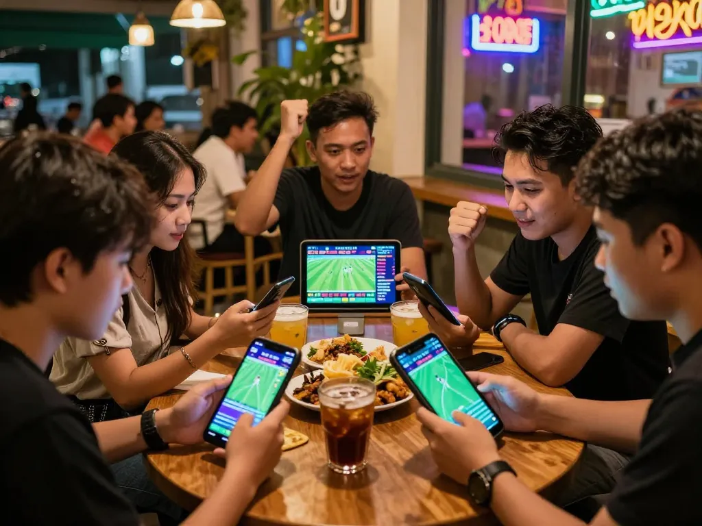 Friends analyzing kèo nhà cái in a lively café, celebrating a winning bet.
