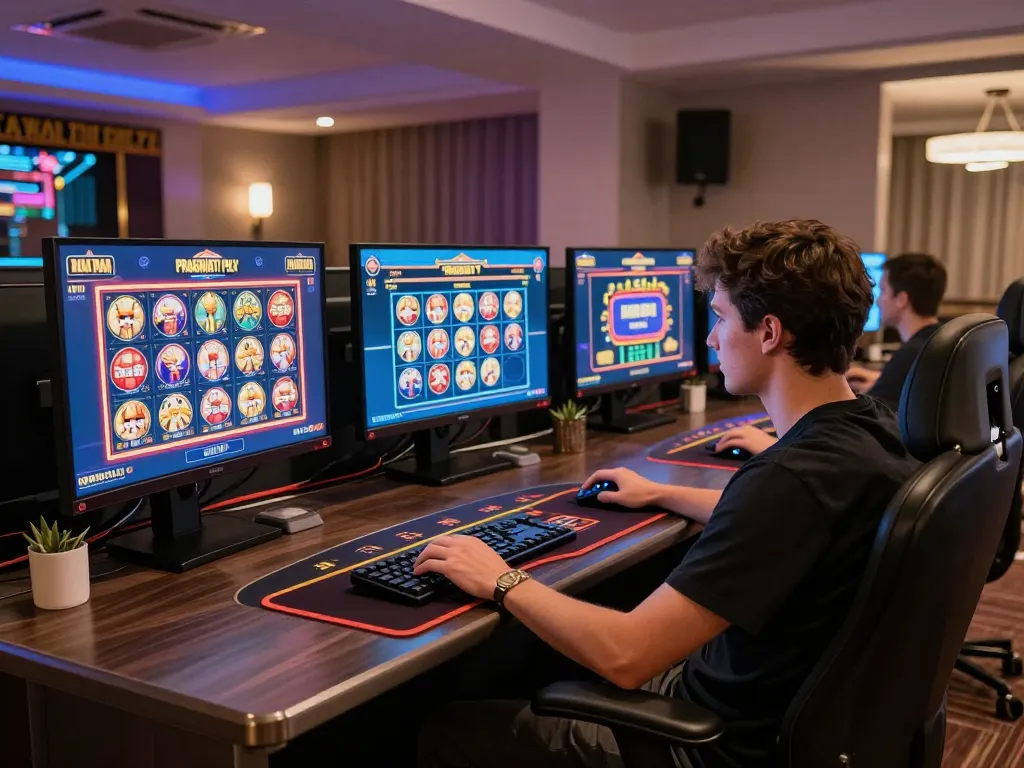 Engaging session of Pragmati Play casino games on multiple screens showcasing colorful slots and live dealers.