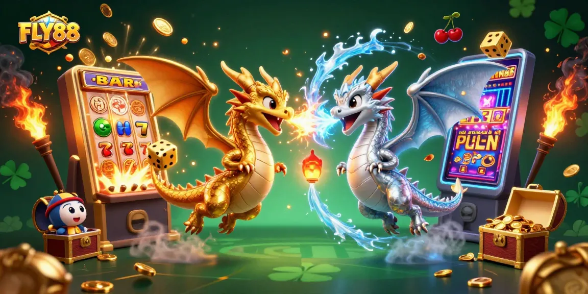 FLY88 captures excitement with twin dragon imagery and dynamic casino elements for thrilling gameplay.