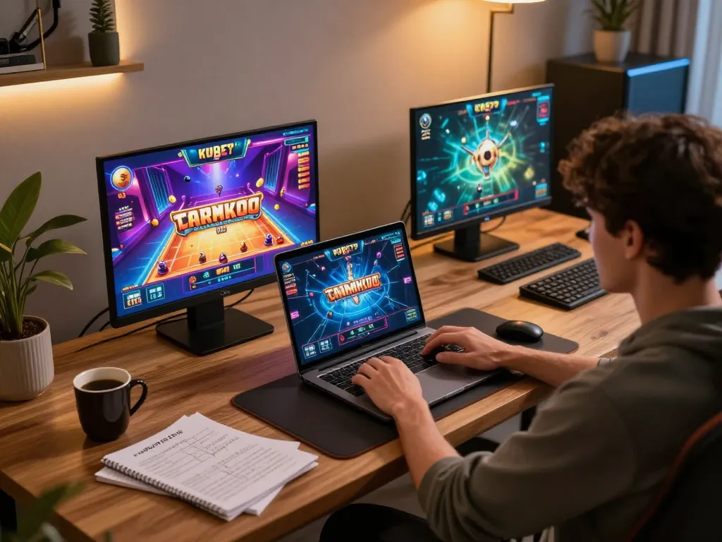 Player engaging with kubet79's online casino game at a stylish desk, showcasing vibrant game graphics.