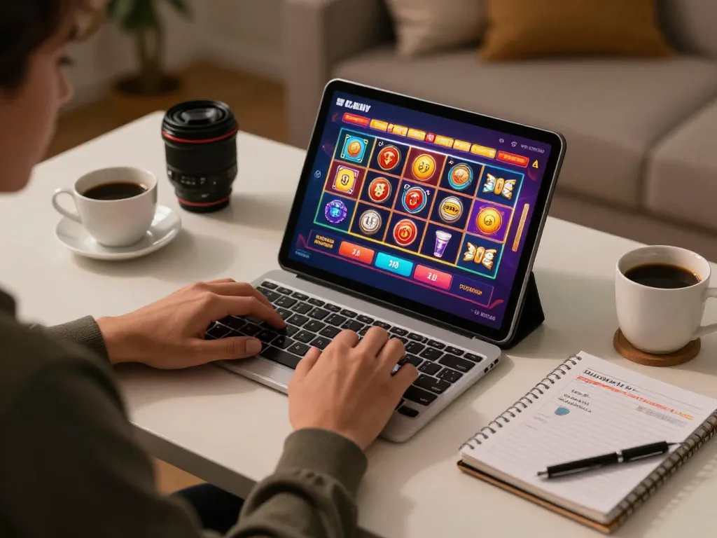 Engaging online gaming moment with nhà cái CM88 showing vibrant slot game on tablet in cozy setup.