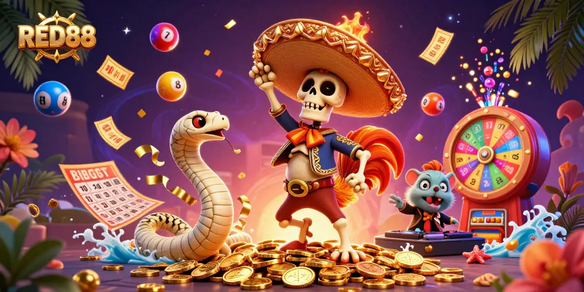 Experience the thrill of winning with RED88 in this vibrant 3D casino illustration.
