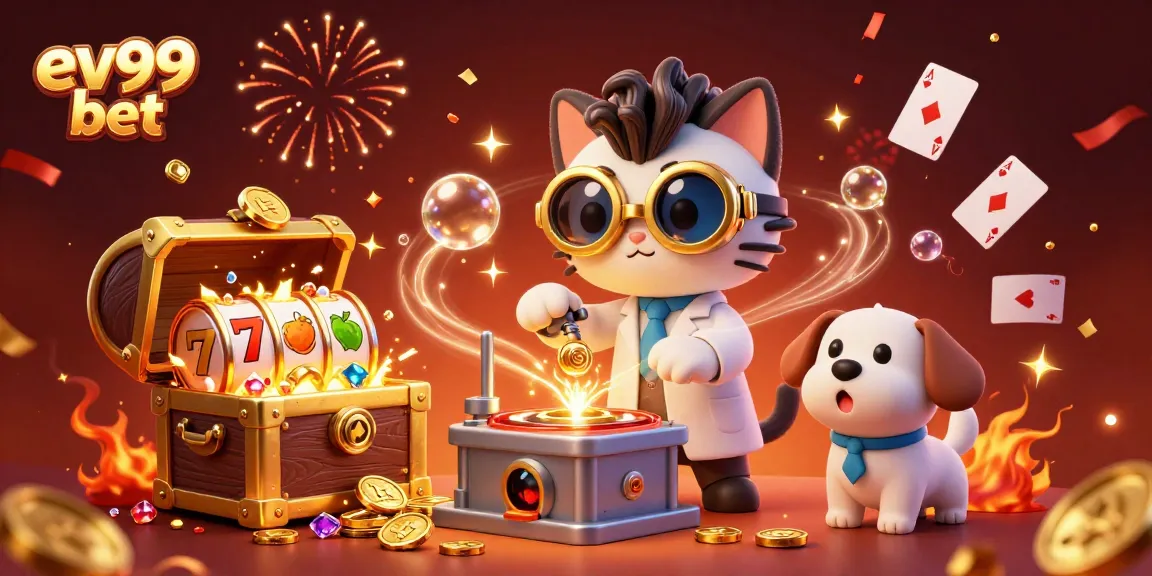Experience ev99 bet with a dynamic 3D cartoon scene of a mad scientist cat creating gold coins.