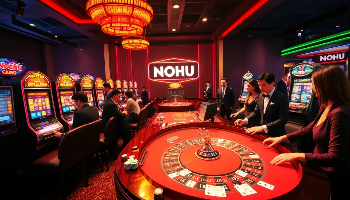 Experience the thrilling atmosphere at NOHU with vibrant slot machines and exciting gaming tables.