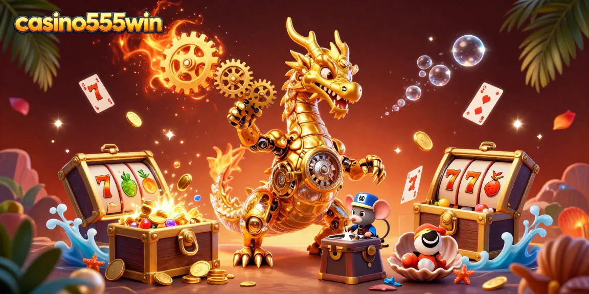 Win exciting slots at casino555win with a vibrant 3D dragon and treasure-filled scene.