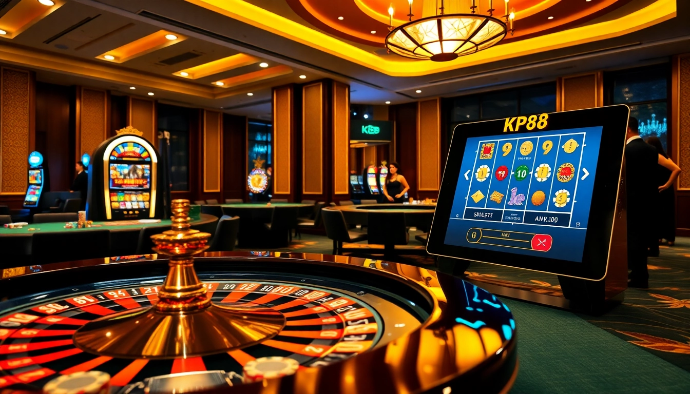 Engaging casino atmosphere showcasing kp88 branding with vibrant gaming elements, luxurious tables, and professional dealers.
