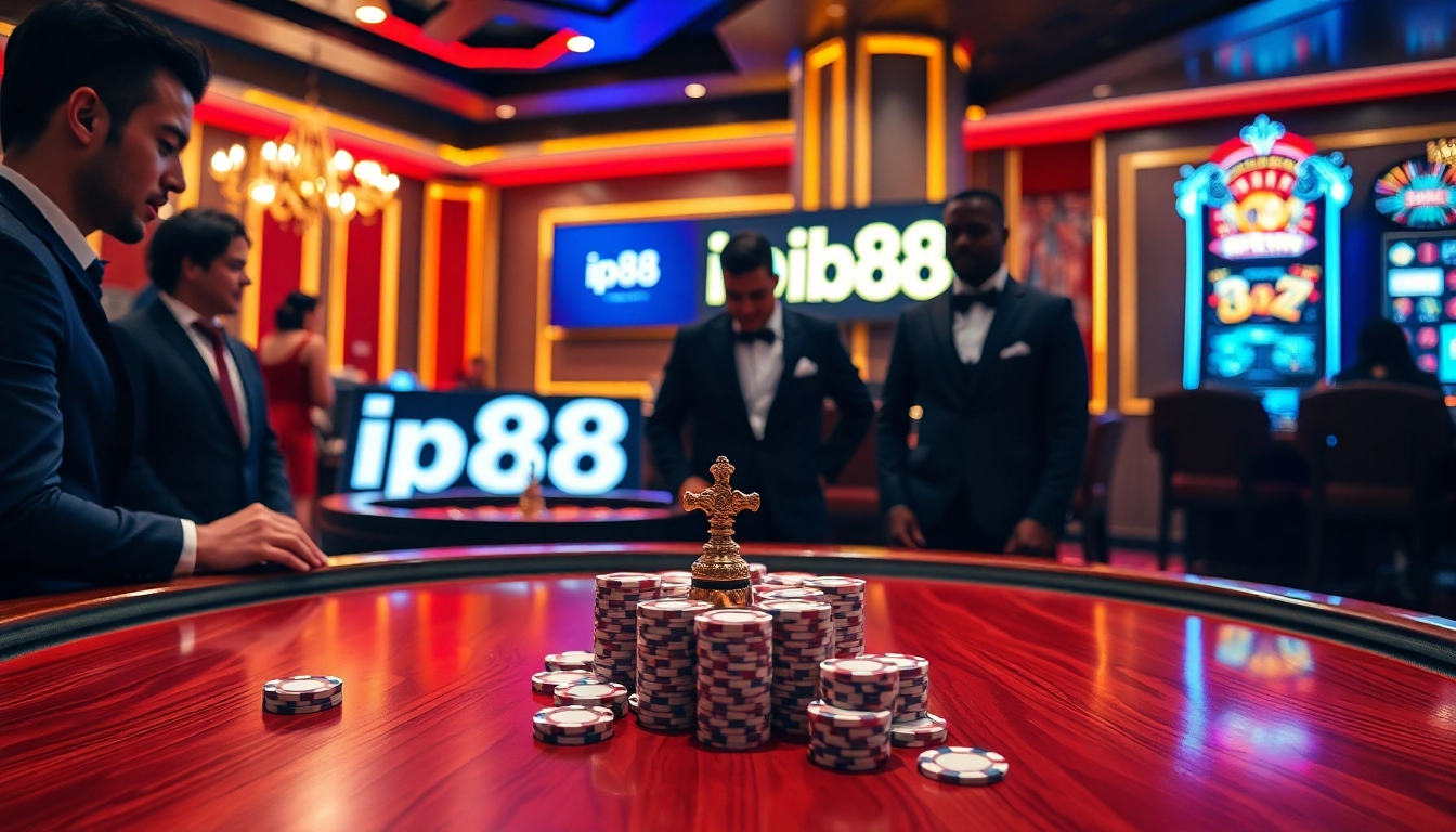 Engaging players at a lavish poker table with ip88-themed elements, vibrant slot machines, and ambient lighting.