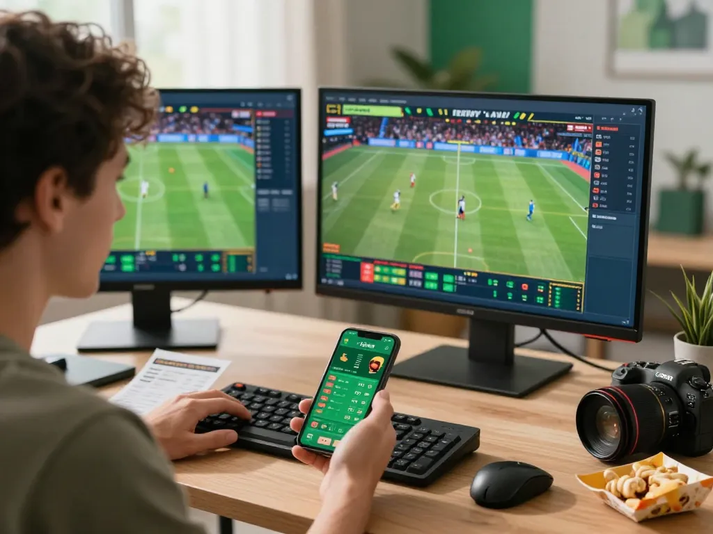 Engage with 789win's live sports betting experience through multiple screens in a modern home office.