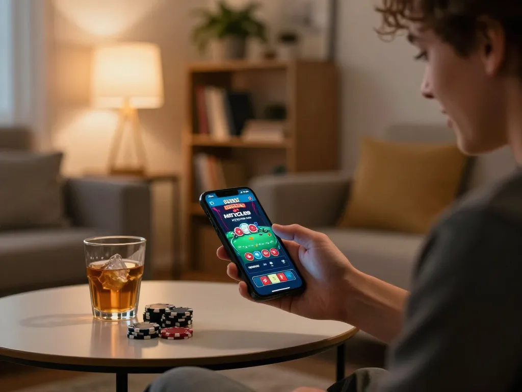 A player using the hit-club mobile app for online gambling in a cozy living room, highlighting excitement and strategy.
