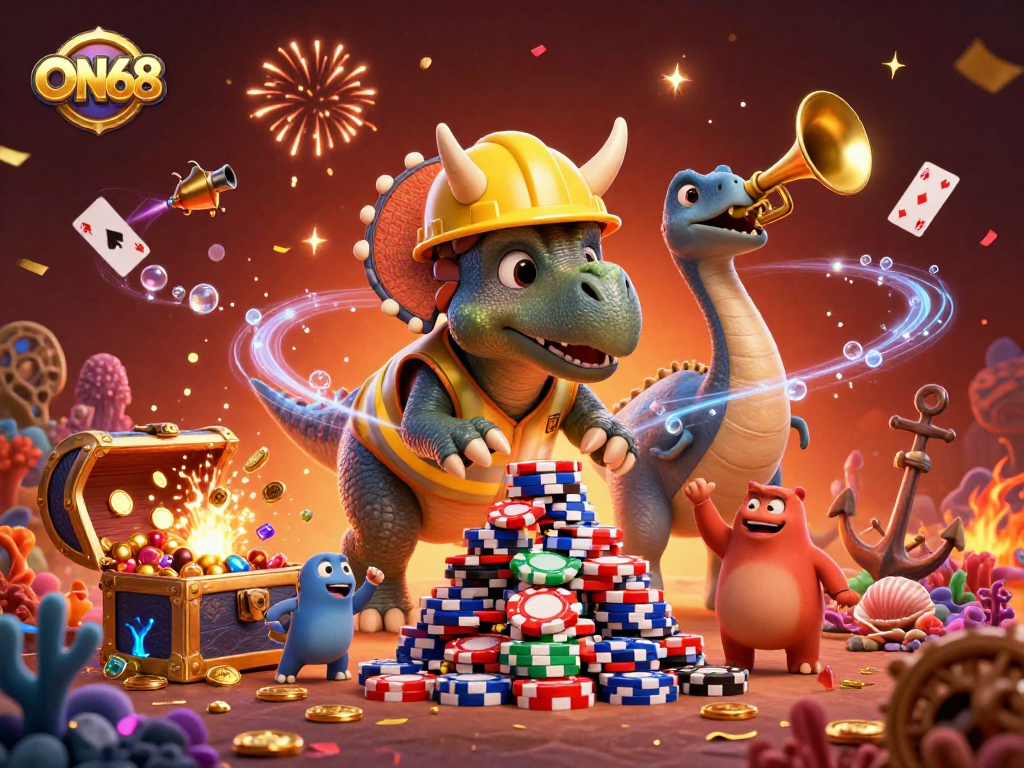 Experience the thrill of ON68 with a dynamic 3D illustration showcasing vibrant casino elements and characters celebrating victory.