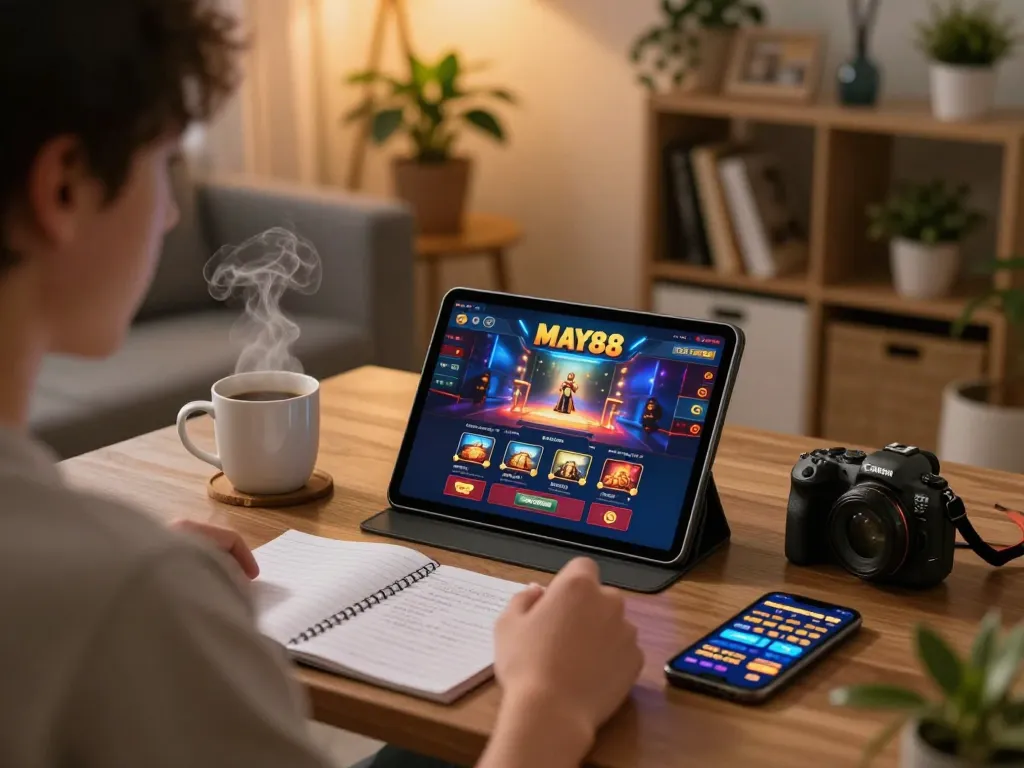 MAY88 player engaging with a casino app on a tablet during a cozy home evening