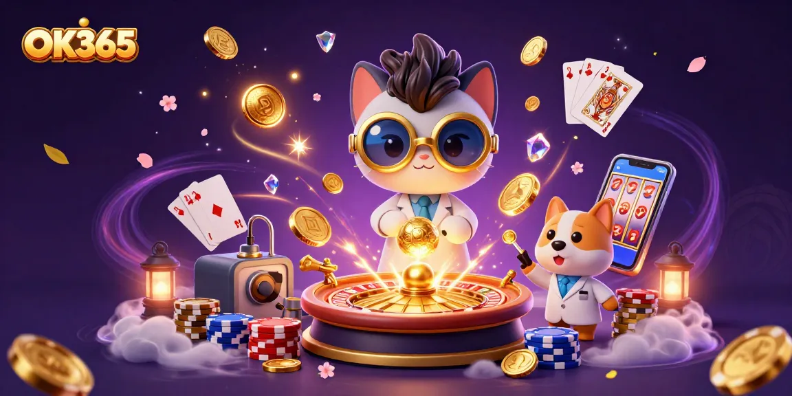 Join the excitement at OK365 with a vibrant 3D illustration showcasing a mad scientist cat creating gold coins surrounded by casino elements.