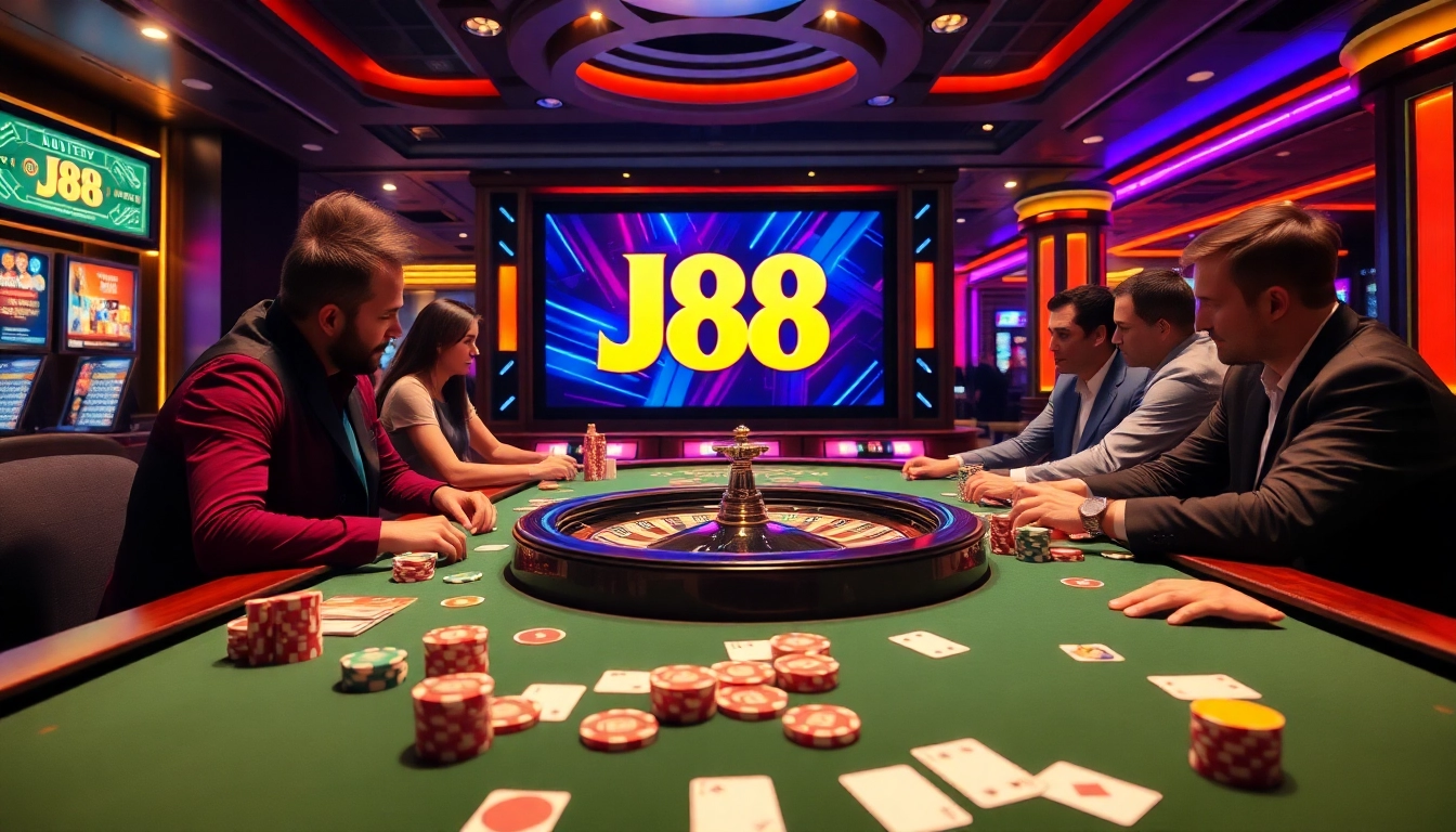 J88 players engaging at a vibrant casino table with cards and chips in a luxury setting.