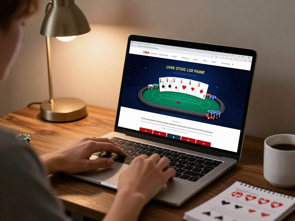 TT88 online casino gameplay on laptop with poker interface and strategy notes in cozy setting