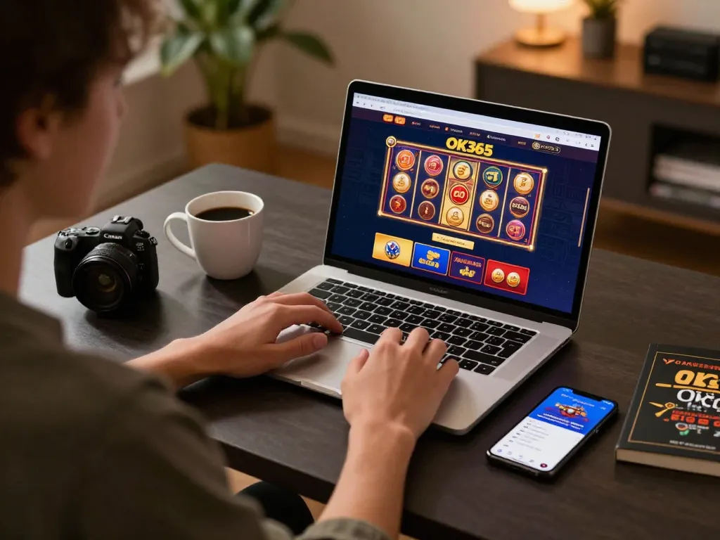 Engaging in online gambling at OK365 with laptop displaying exciting games and strategies in a cozy home.