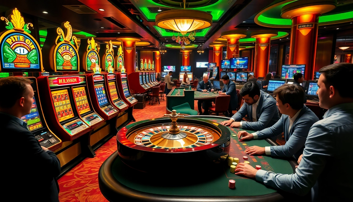 Engaging atmosphere at https://888vi.com.co/ showcasing players enjoying a dynamic casino experience with vibrant slot machines and a roulette wheel.