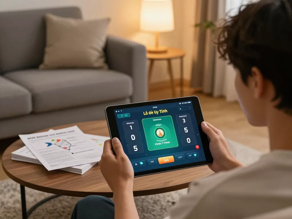 Lô Đề Uy Tín player analyzing betting options on a tablet in a cozy home setup