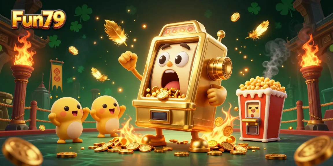 Capture Fun79’s excitement as the golden slot machine hits the jackpot with cheering companions!