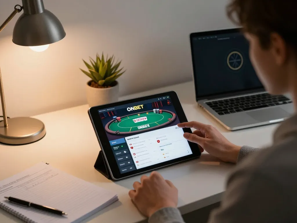 Engaging with the Onbet app for online poker in a stylish home office setup.