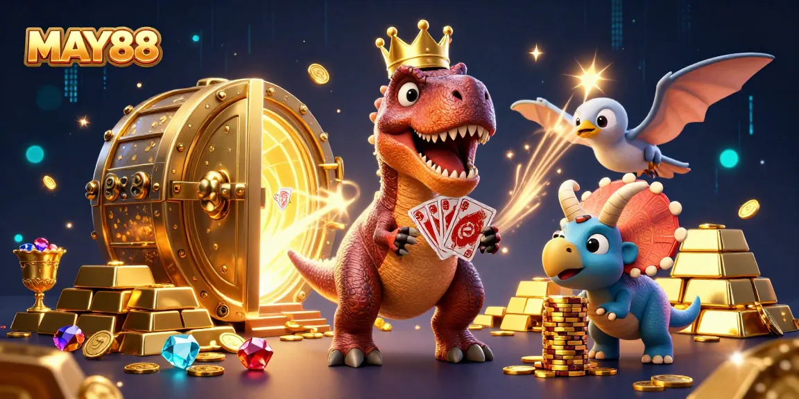 MAY88 invites players to experience thrilling card games with T-Rex shuffling cards alongside captivating gold treasures.