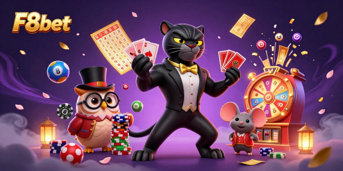 Engage in exciting poker at F8bet with a stylish panther dealer, vibrant lottery elements, and festive atmosphere.