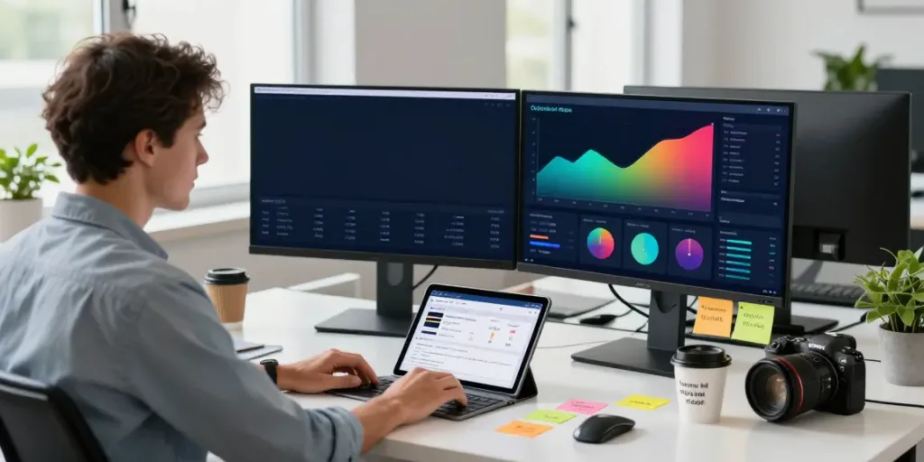 Effective instant indexing dashboard metrics in a vibrant digital marketing office setting.