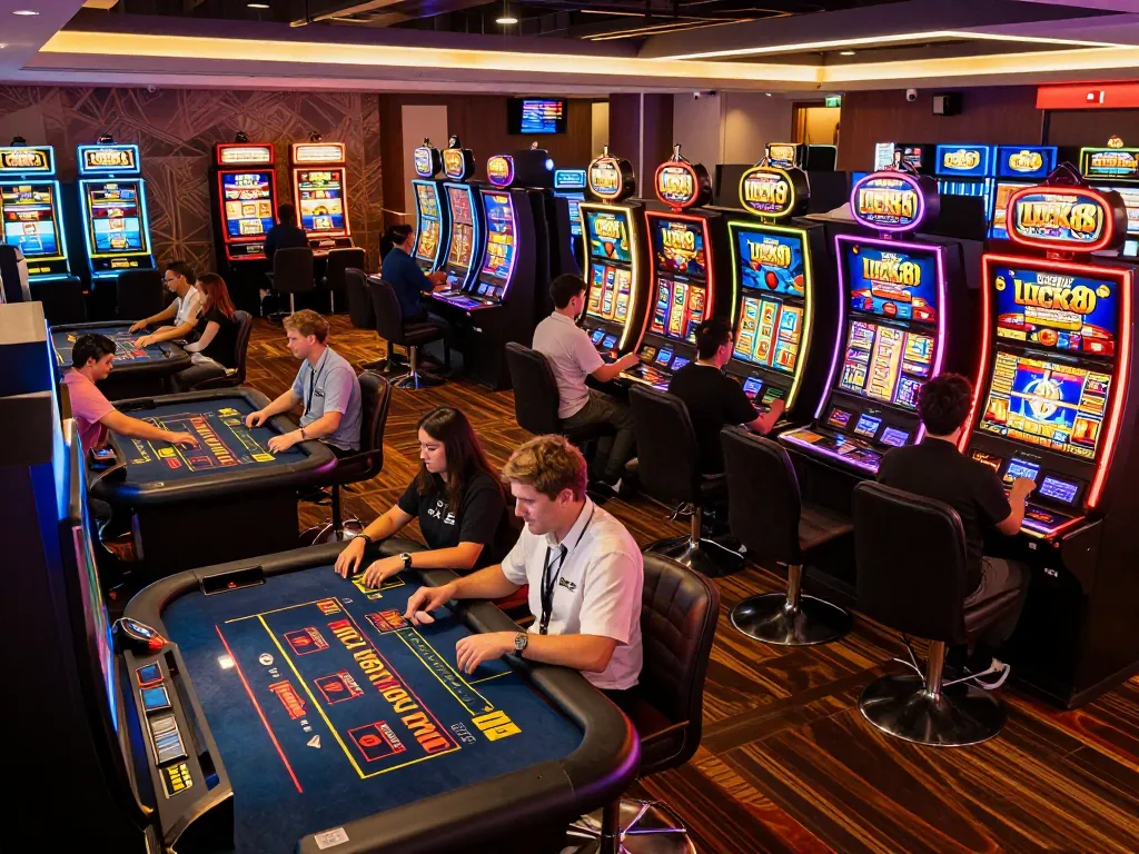 Engaged players exploring luck8 online casino games, showcasing vibrant atmosphere and live dealer action.