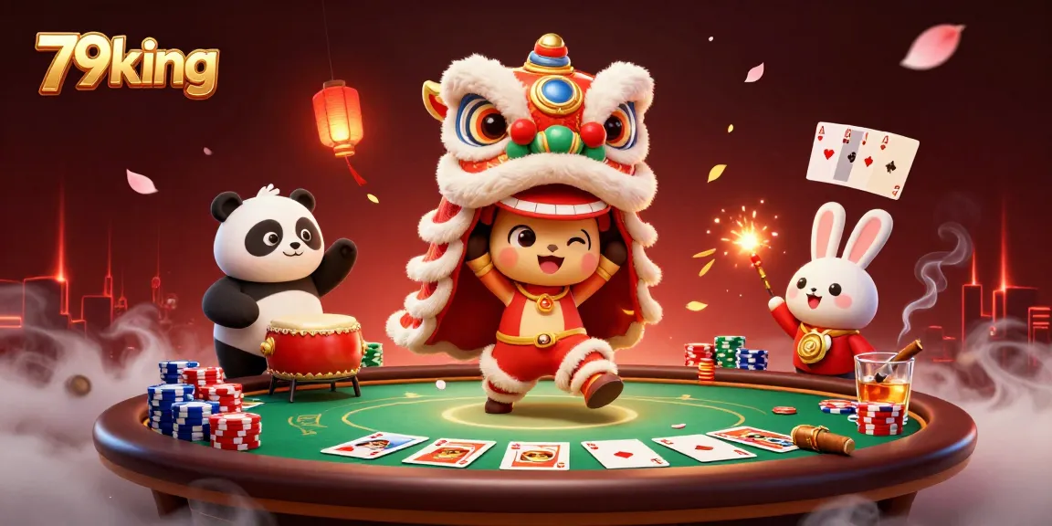 Engage your luck at 79king with a vibrant casino scene featuring dynamic characters and poker elements.