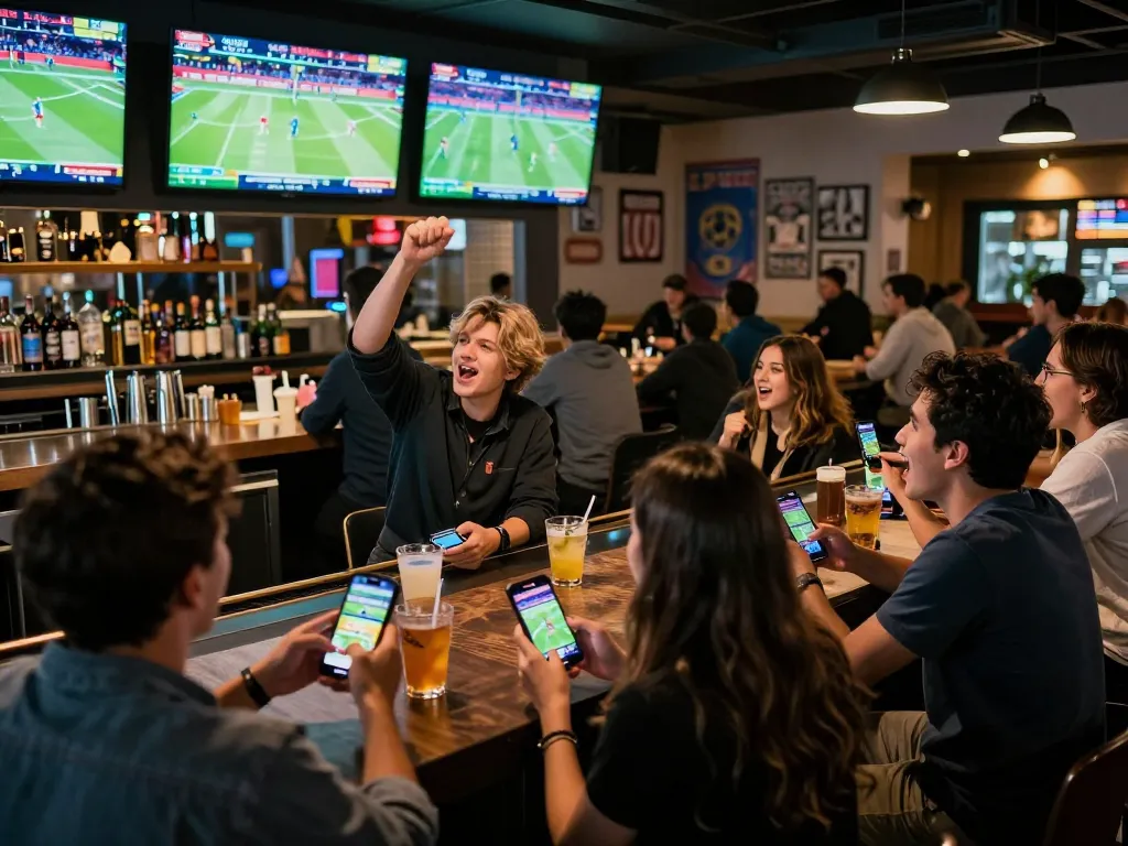 Engaged sports bettors excitedly placing bets on their smartphones at a lively sports bar, illustrating the mb66 betting experience