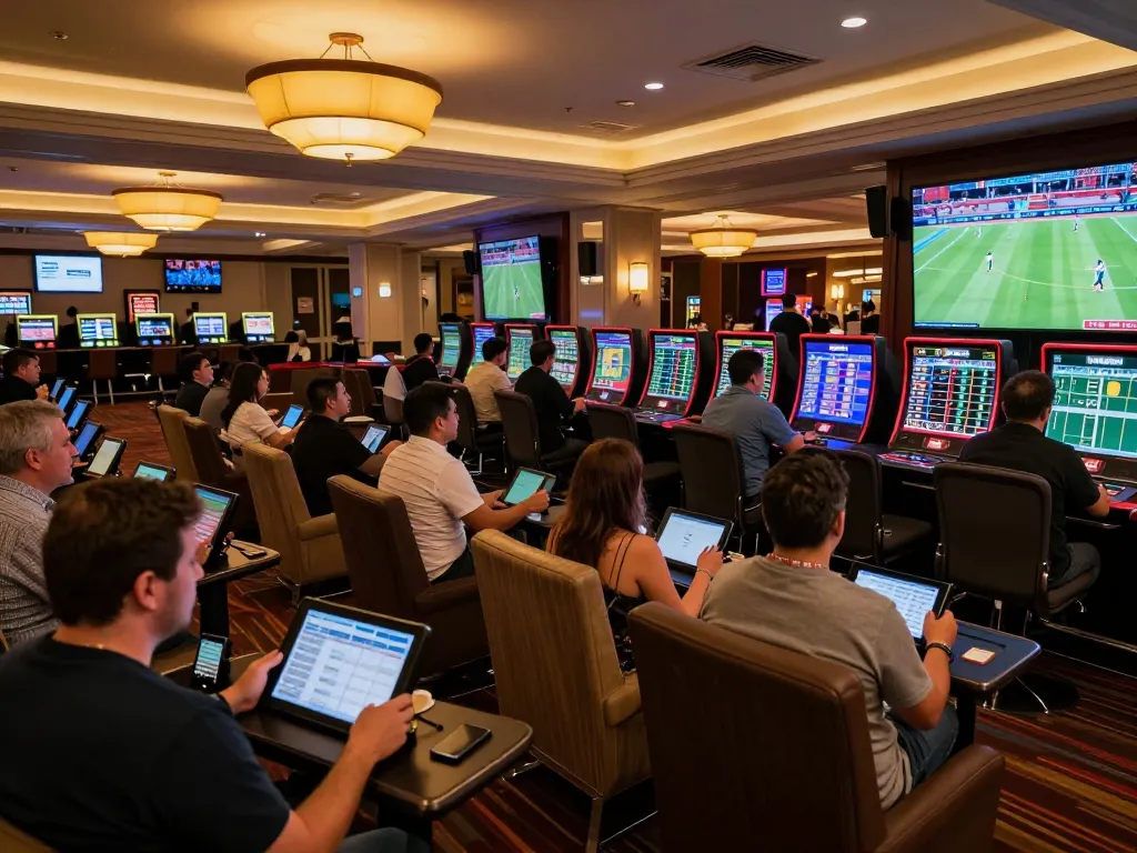 Sports bettors engaging with 999bet app while analyzing odds in a lively casino