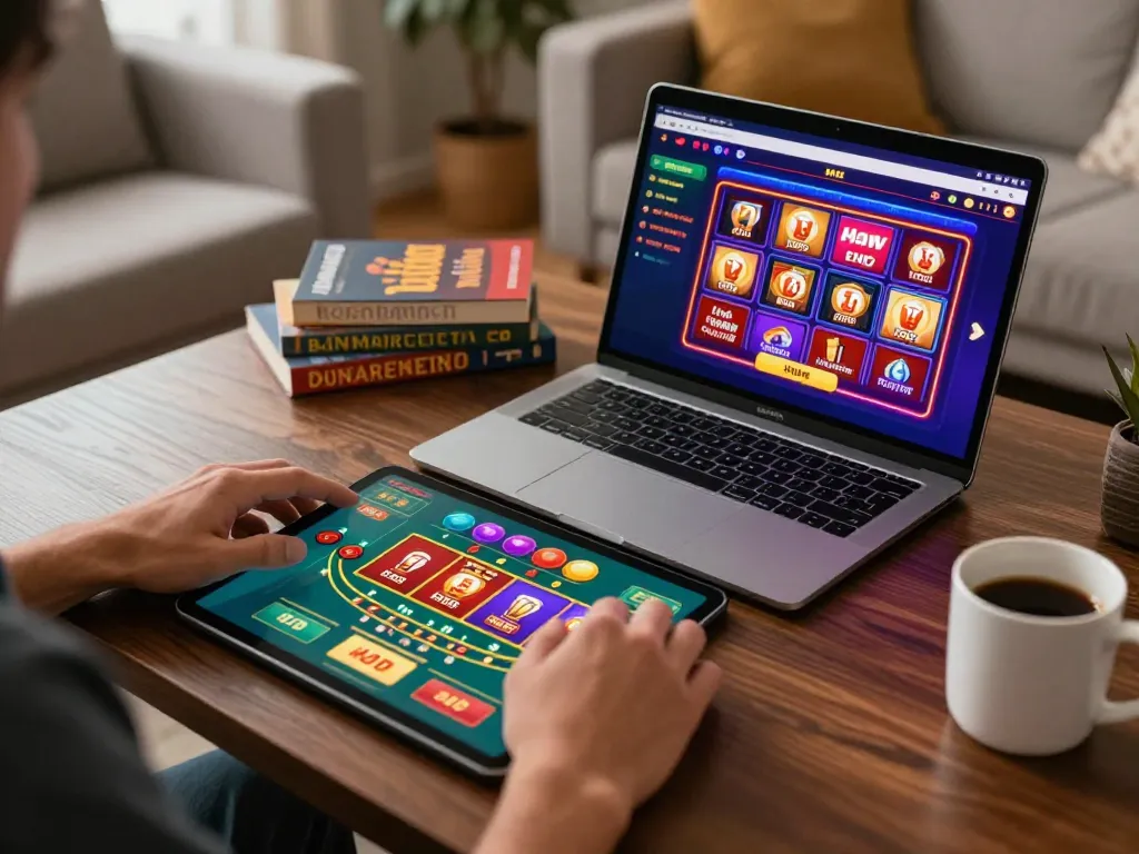 Player enjoying online casino experience with 33WIN on tablet, showcasing exciting blackjack and slots.