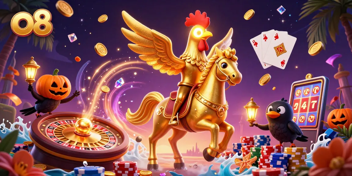 Experience an exciting gaming adventure with o8's dazzling casino scene featuring golden rooster and treasures.