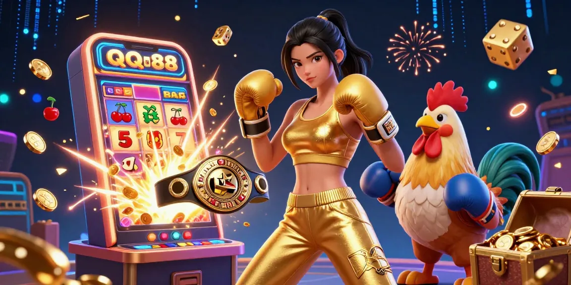 Play casino games on QQ88, featuring a dynamic scene with a boxer woman and cartoon rooster amidst jackpots and excitement.