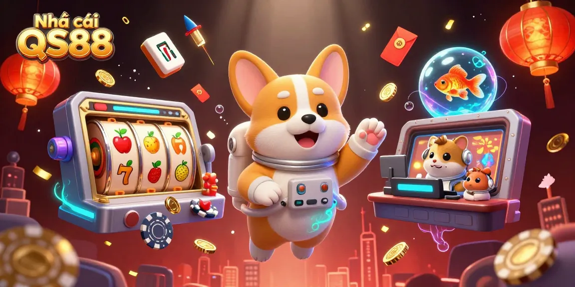 Engage with Nhà cái QS88 through this vibrant 3D casino scene featuring a playful corgi in space.