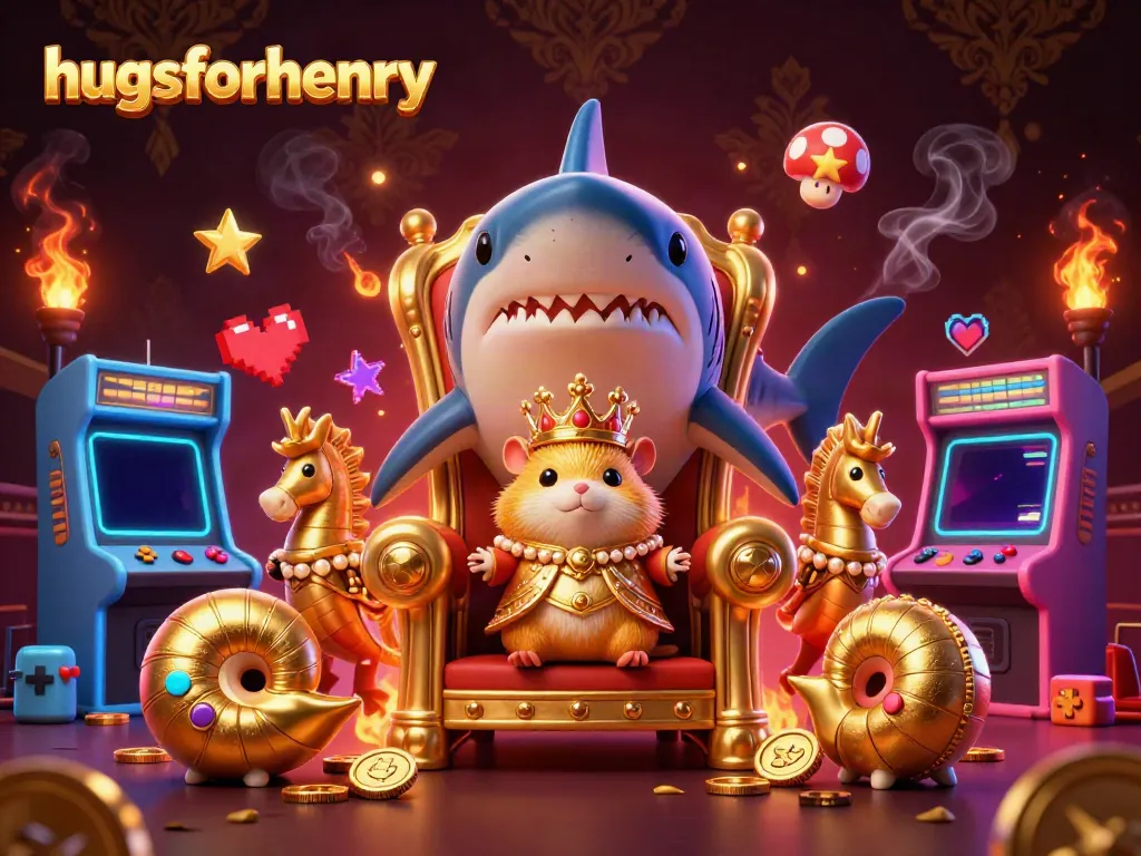 Engage with hugsforhenry at a vibrant casino-themed illustration full of animated characters and game elements.