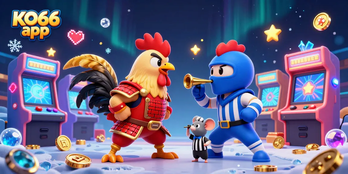 Engage with the thrilling KO66 app, showcasing fighting roosters in a vibrant casino setting.