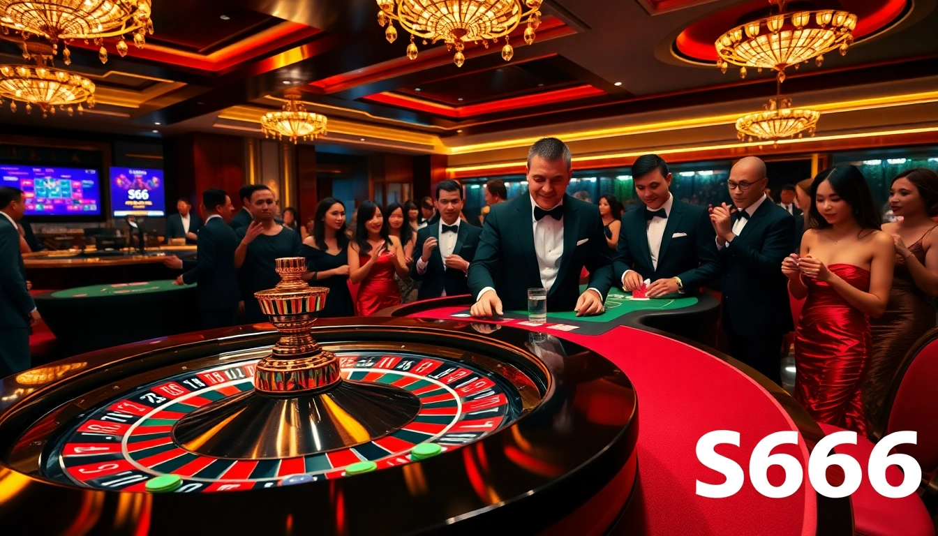 S666 players engaging in a thrilling roulette game in a luxury casino atmosphere