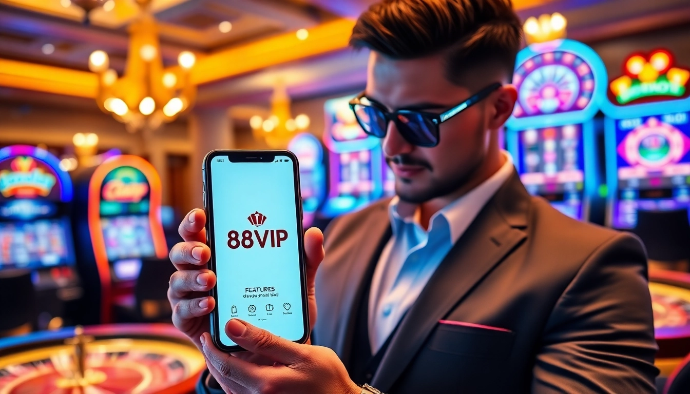 Tải App Nhà Cái 68VIP displayed on a smartphone amidst vibrant casino visuals, enhancing mobile gambling experience.