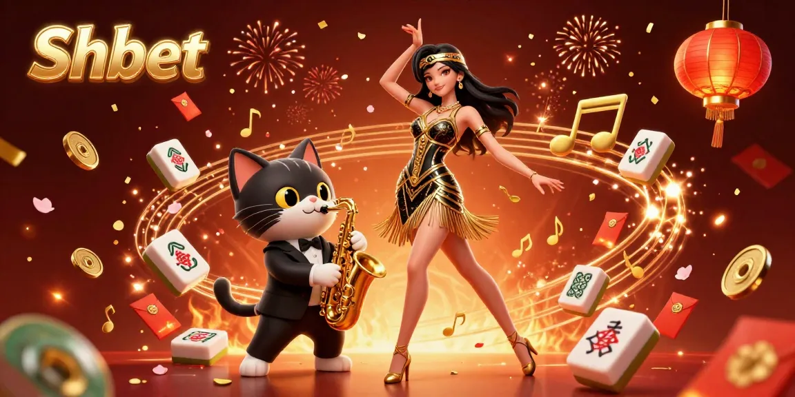 Engage with Shbet's vibrant casino experience featuring an alluring flapper woman, saxophone-playing cat, and festive elements.