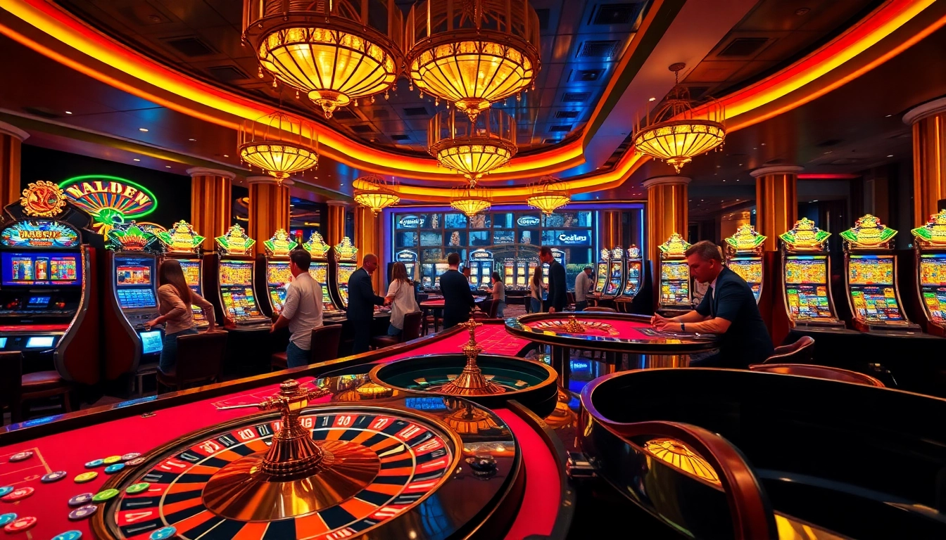 Experience the exciting atmosphere of hb88 with players engaging at vibrant casino tables and slot machines.