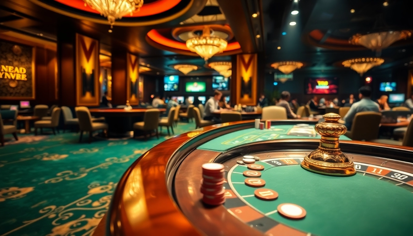 Kèo Nhà Cái betting excitement illuminated in a luxurious casino with roulette and poker games.