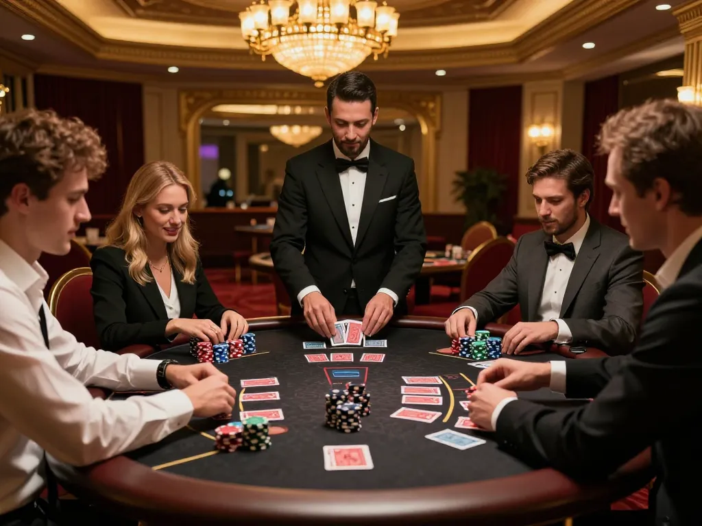 Engaged players at debet15's blackjack table showcasing strategic bets and excitement in a classy casino setting.
