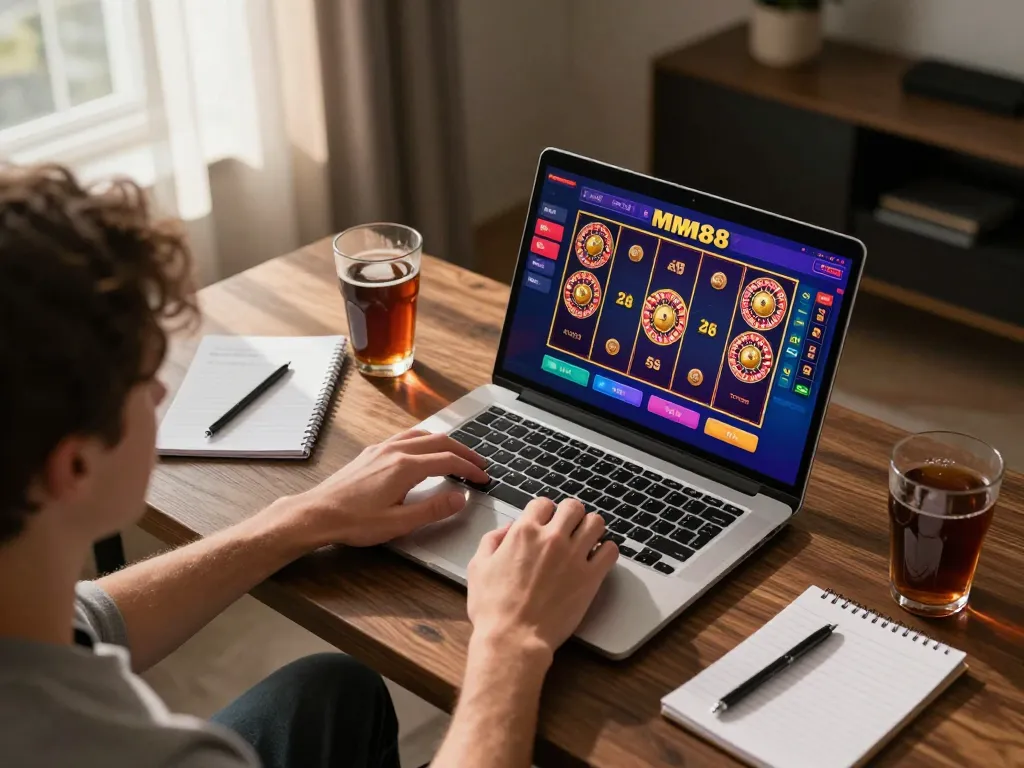 Engaging gameplay on MM88 casino platform from a cozy home setup with vibrant graphics.