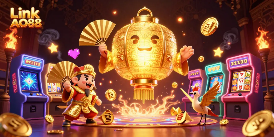 Engage with Link AO88's vibrant casino scene featuring golden lucky symbols and dynamic gaming elements.