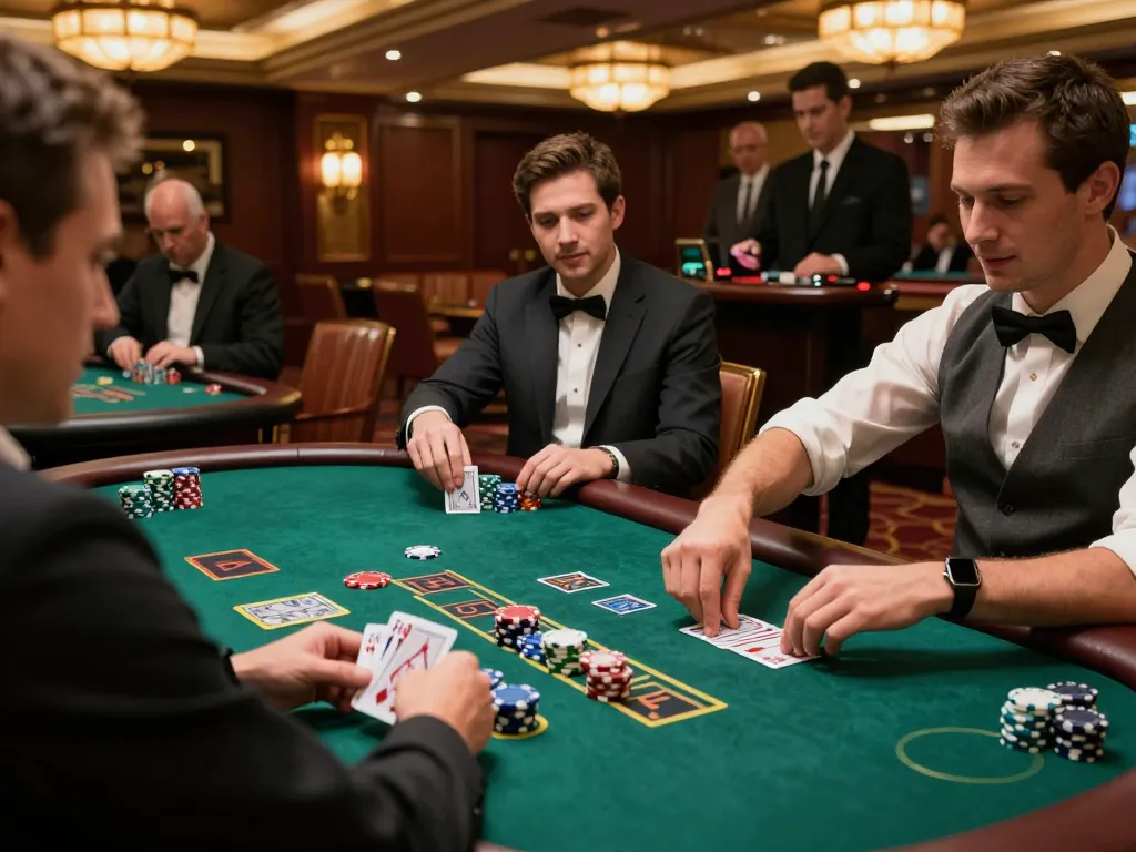Engaged players enjoying an exciting blackjack game at an upscale casino, showcasing the action of vua99 for a dynamic gaming experience.