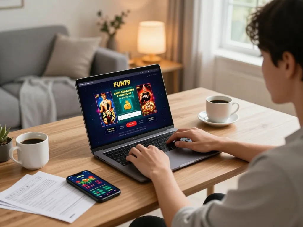 Engaging scene showing a player logging into fun79 online casino on a laptop, with a cozy home atmosphere.