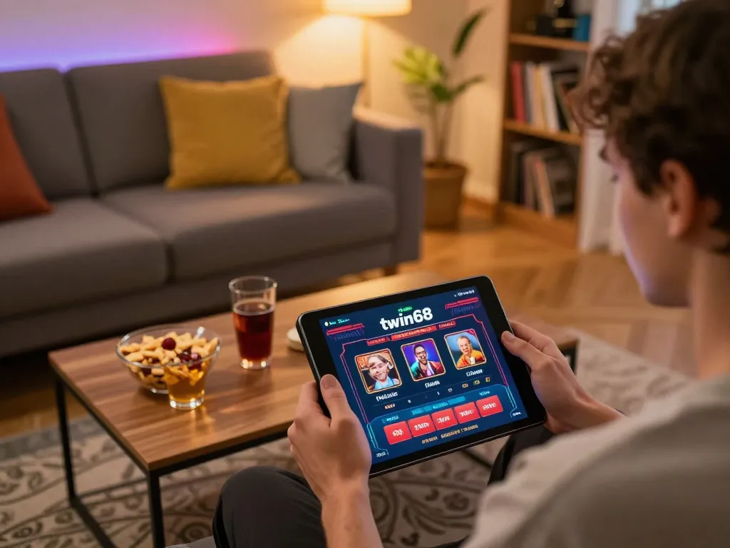 Engaged player using the twiin68 casino app on a tablet in a cozy home setting.
