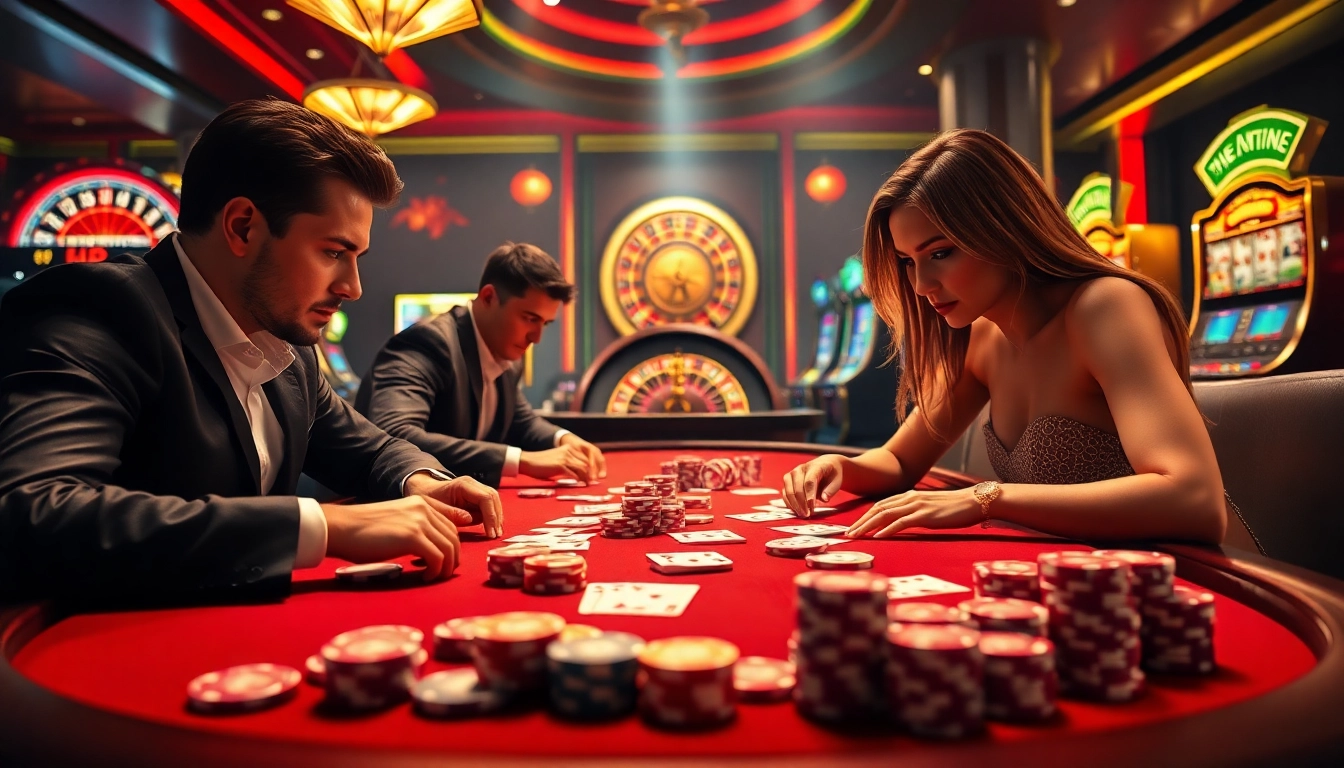 Engaging gameplay at a luxurious casino table featuring 79KING poker chips and cards.